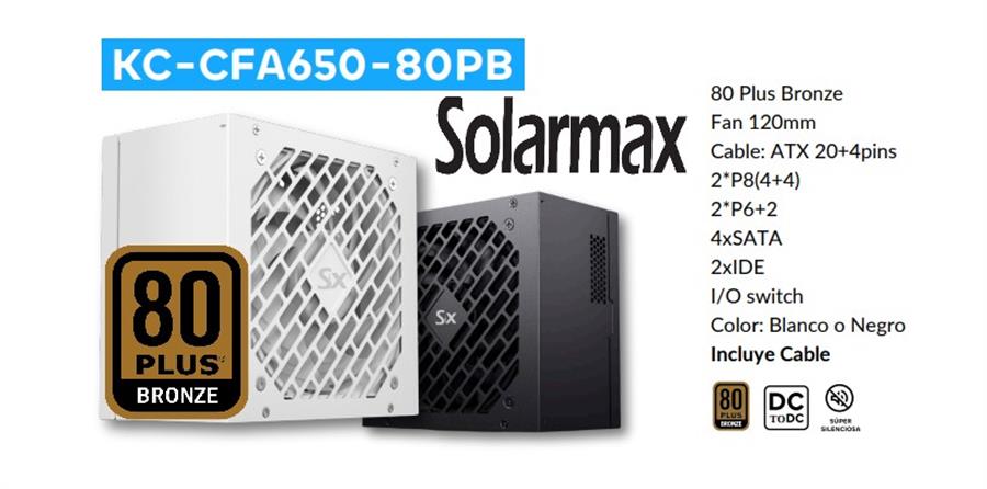 Fuente GAMER SOLARMAX 650W 80+ PLUS BRONZE Negro