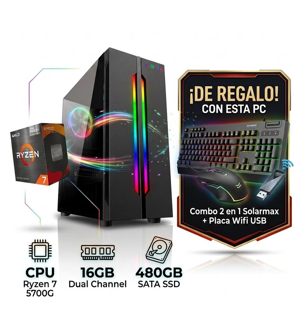 PC GAMER Ryzen 7 5700G, 16GB, SSD 480gb, Video Vega 8, Gabinete GAMER RGB