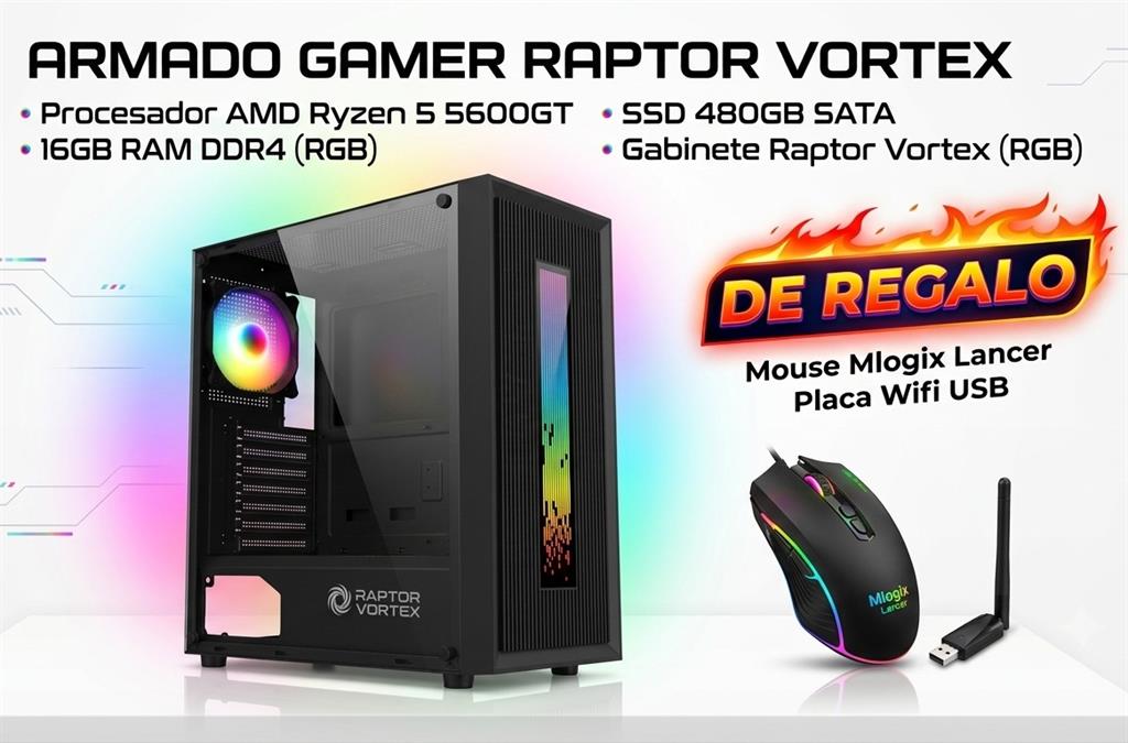 PC GAMER Ryzen 5 5600GT, Video Vega 7, 16gb, SSD 480gb, Gabinete GAMER RGB