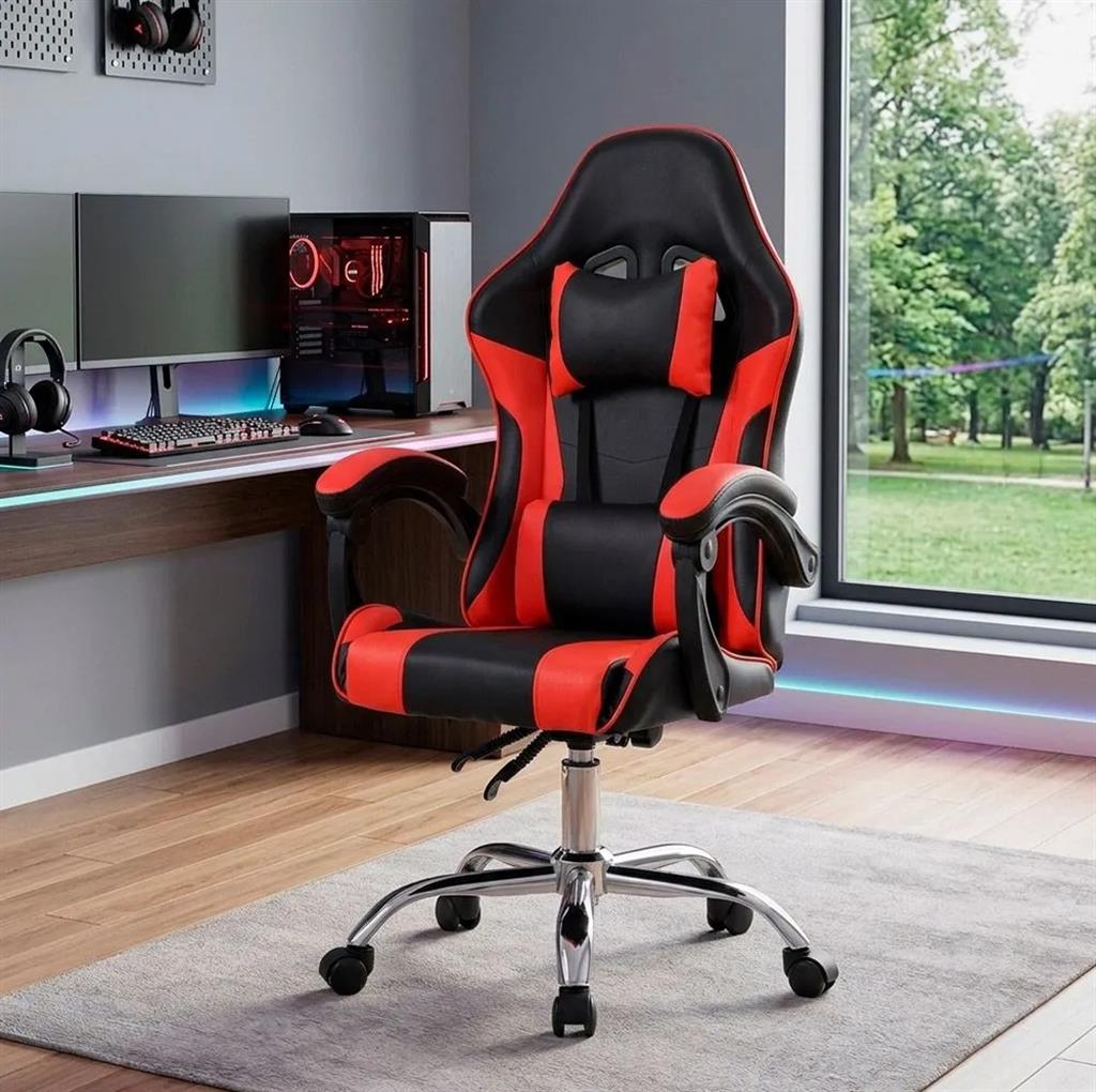 Silla Gamer Ecocuero Rojo y Negro. Reclinable. Ajuste altura c/ apoya brazos