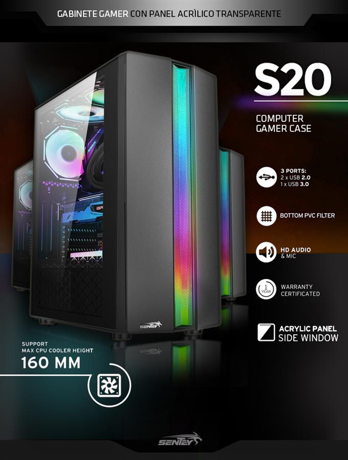 Gabinete SENTEY S20 RGB CON PANEL LATERAL Transparente RGB Negro (No incluye cooler)