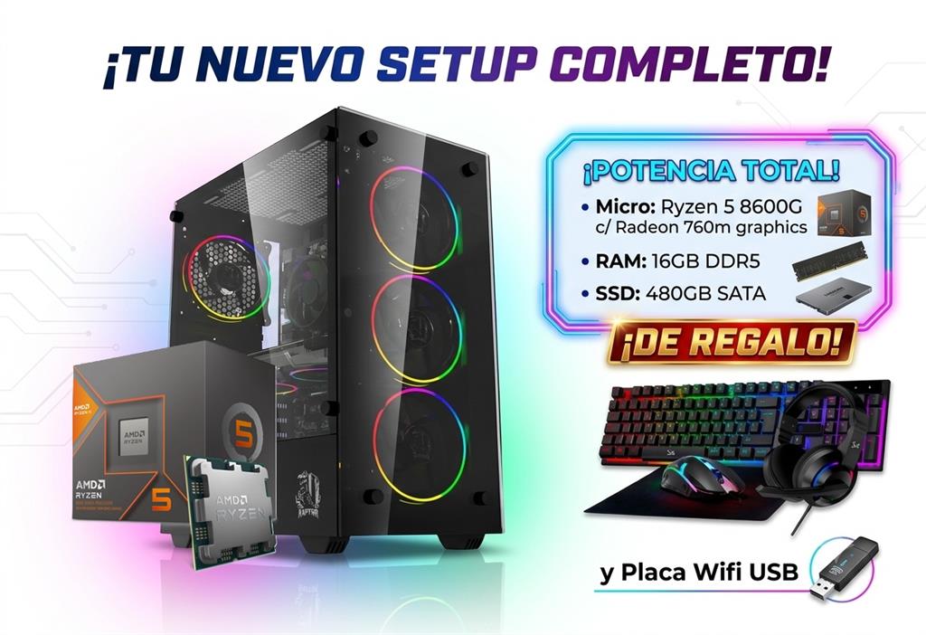 Pc Gamer AMD Ryzen 5 8600g, Placa Video Radeon 760m, 16gb DDR5, SSD 480gb