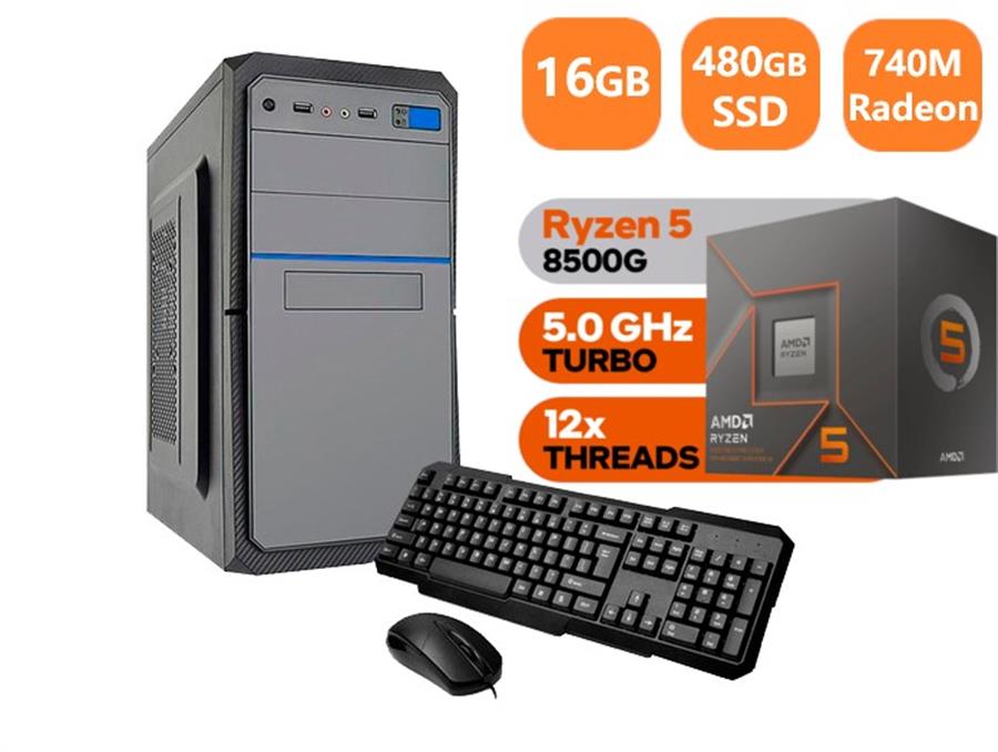 Pc Amd Ryzen 5 8500G, 16GB DDR5, Ssd 480g Video Radeon 740m, Gabinete Kit