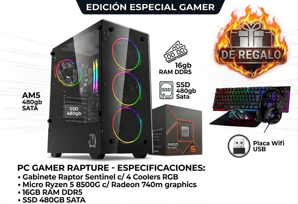 Pc Amd Ryzen 5 8500G, 16GB DDR5, Ssd 480g Video Radeon 740m, Gabinete GAMER c/ Cooler RGB